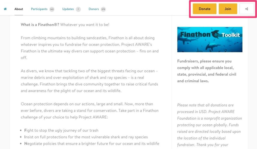 CauseVox fundraising page with donate and share buttons.