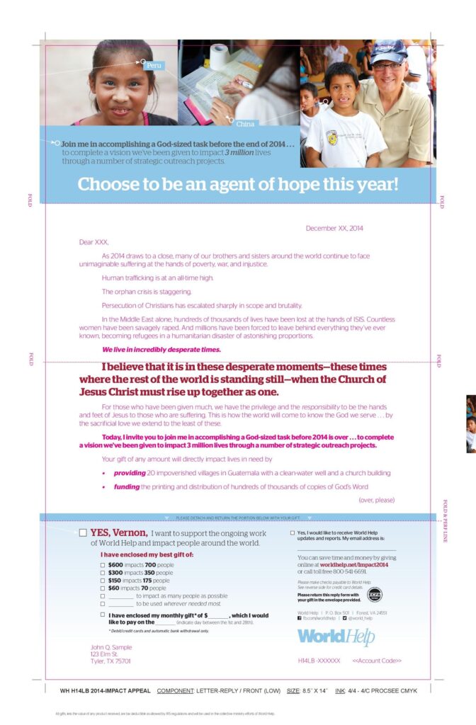 World Help's 2015 direct mail appeal: clear story, compelling numbers, lots of white space, a call to action.