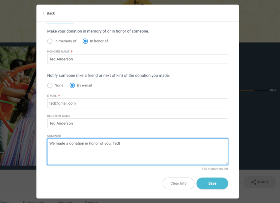 donation form with an in honor of message