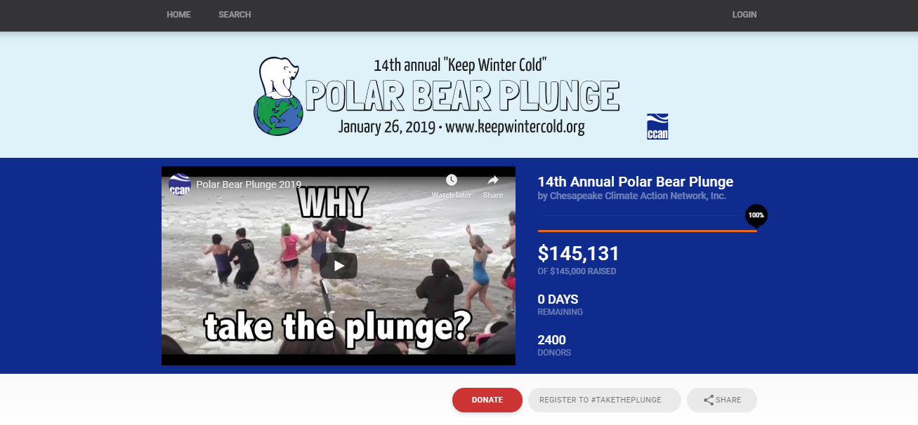 A peer to peer fundraising event campaign Polar Bear Plunge