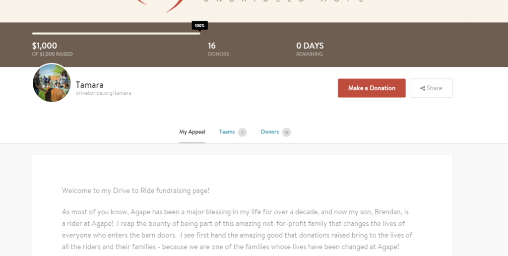 Supporter Tamara reached out to her network to raise $1,000 for Agape Therapeutic Riding, using her CauseVox personal fundraising page. It’s a powerful way to give. 