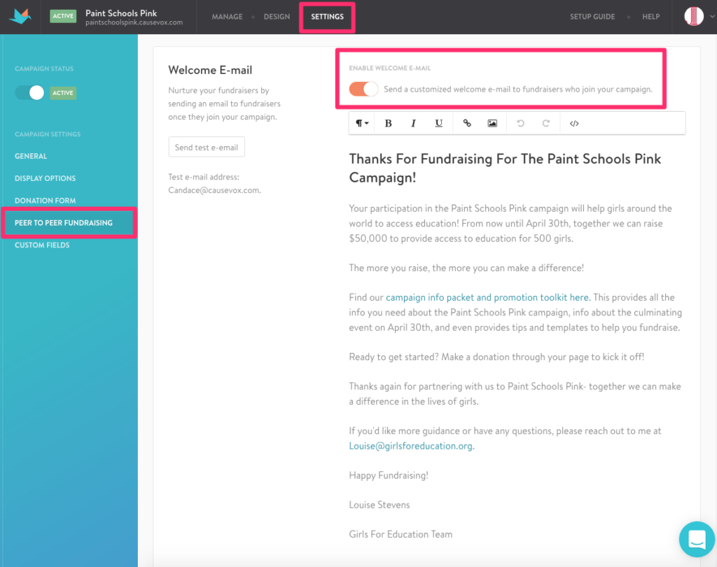 welcome email example engage fundraisers
